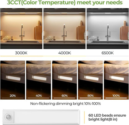 8inch Under Cabinet Lights,60 LED,USB-C 1800mAh Rechargeable Battery,3 Color Temperature,Dimmable,Motion Sensor Cordless Under Counter Light for Wardrobe,Bedroom,Kitchen,Stairs(2pack 3CCT)