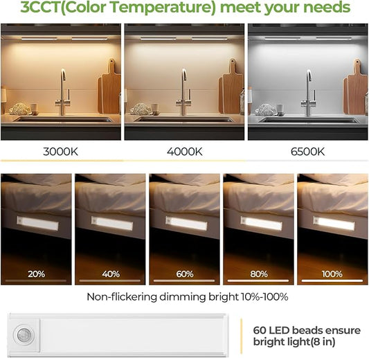 8inch Under Cabinet Lights,60 LED,USB-C 1800mAh Rechargeable Battery,3 Color Temperature,Dimmable,Motion Sensor Cordless Under Counter Light for Wardrobe,Bedroom,Kitchen,Stairs(2pack 3CCT)