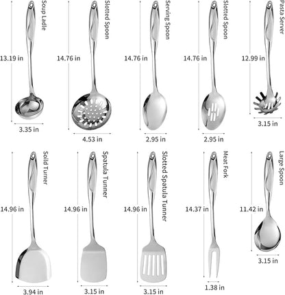 304 Stainless Steel Kitchen Utensils Set, 10 Pcs Metal Cooking Utensil, Mirror Polished Kitchen Gadget Cookware and Kitchen Tool Set, Dishwasher Safe