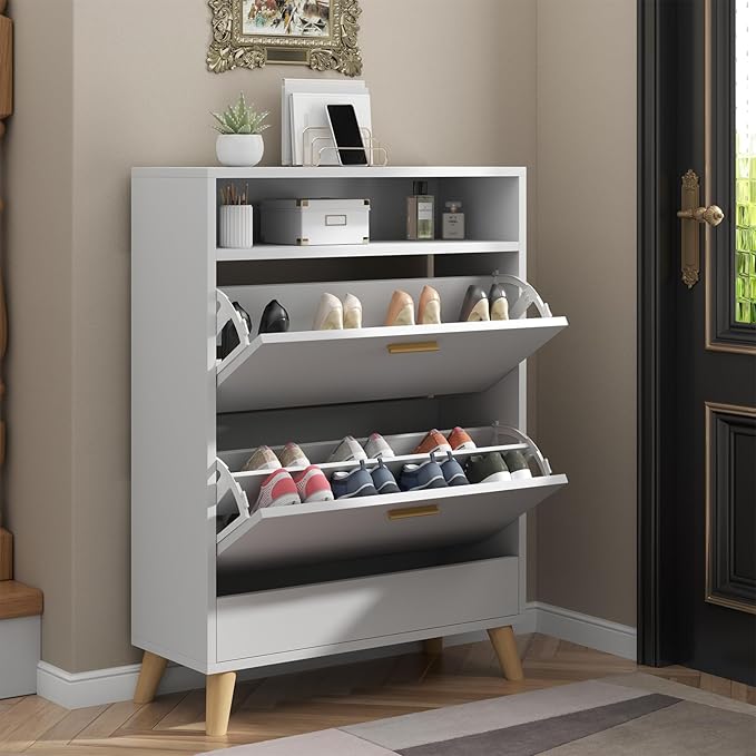 Shoe Storage Cabinets, Free Standing Shoe Organizer with 2 Flip Drawers for Entryway, Narrow 3 Tier Entryway Hidden Shoe Rack with Doors (Off White)