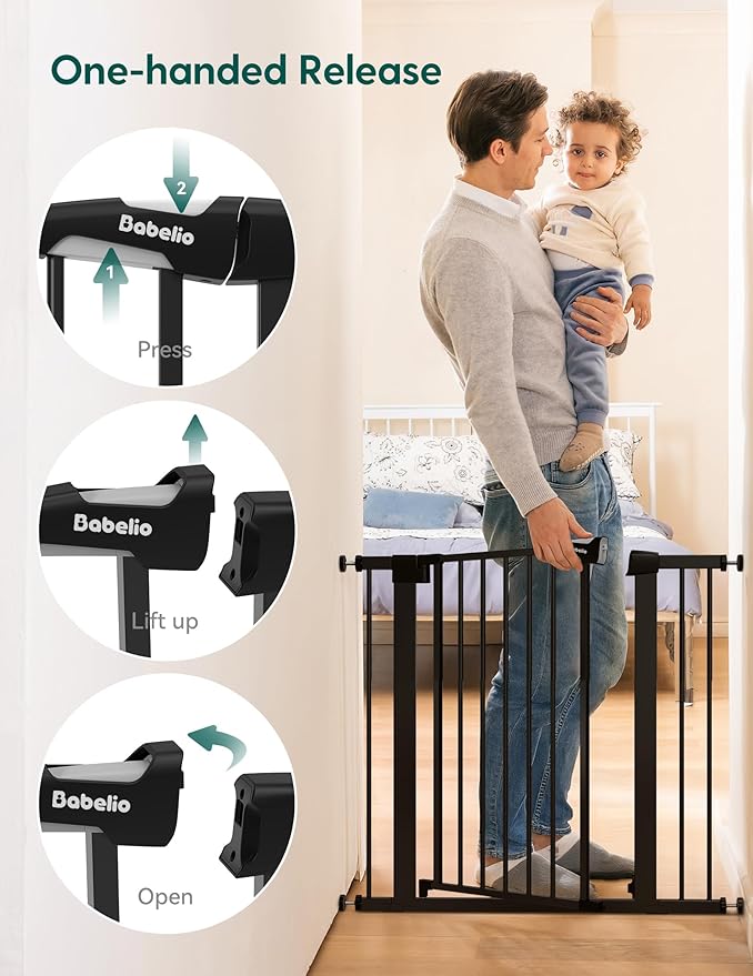 BABELIO 36" Tall Baby Gate PressGuard P7, 29-48" Auto-Close & Pressure Mounted, Black Steel Dog Gate for Stairs & Doorways
