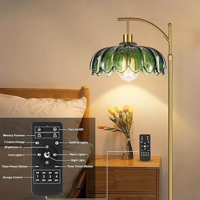 Arc Floor Lamp for Living Room Gold Floor Lamp with Remote Control,Dimmable LED Floor Lamps Glass Lamp Shades Vintage Standing Lamp with 3 Color Temperature Tall Flower Lamps for Bedroom Corner