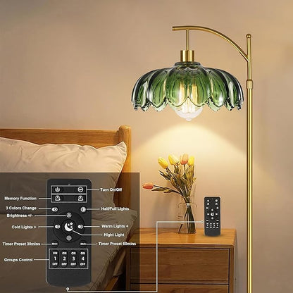 Arc Floor Lamp for Living Room Gold Floor Lamp with Remote Control,Dimmable LED Floor Lamps Glass Lamp Shades Vintage Standing Lamp with 3 Color Temperature Tall Flower Lamps for Bedroom Corner