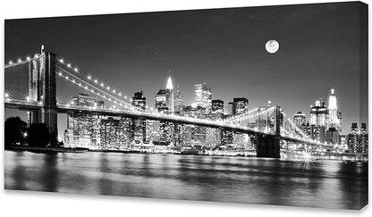 Baisuart-Q30350 Brooklyn Bridge Night View 1 Panels Landscape Artwork Canvas Prints Moon Night New York City Scene Picture Paintings Black and white Wall Art for Oiffce Home Decorations Wall Decor