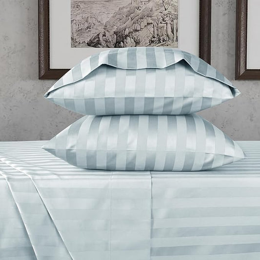 URBANHUT 800 Thread Count Egyptian Cotton Damask Striped California King Size Sheets Set (4 Pc) - Sateen Weave Cal King Size Bed Sheets, Luxury Hotel Sheets with 16" Deep Pocket - Light Blue