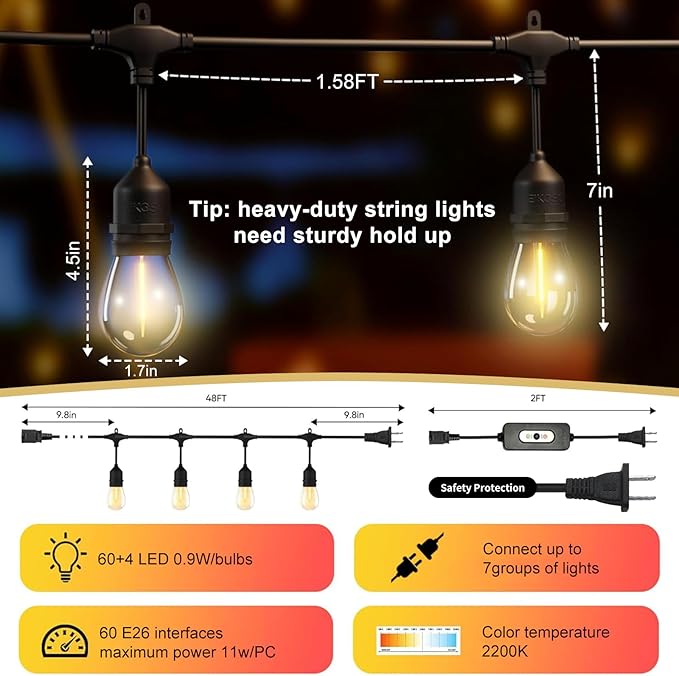 100FT LED Outdoor String Lights with 60+4 Waterproof Bulbs(𝟏.𝟓𝐅𝐓 𝐁𝐮𝐥𝐛𝐥𝐬 𝐒𝐩𝐚𝐜𝐢𝐧𝐠), Remote & Dimmer, Commercial Grade Patio Lights with 3 Mode Light & Timing, 100PC Ties