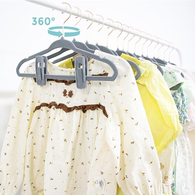 Kids Velvet Hangers 30 Pack - 14 Inch Premium Non Slip Kids Felt Hanger for Clothes - Ultra Thin Baby Felt Hangers for Youth Childrens' Closet with 10 Hanger Clips - Gray