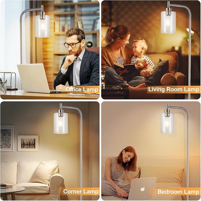 DLLT Floor Lamp Tall for Room: Nickel Standing Lamp with Clear Glass Lampshade for Living Room - Modern Bright Lamp for Bedroom - Industrial Corner Floor Lamps for Office 8W Led Bulb Included