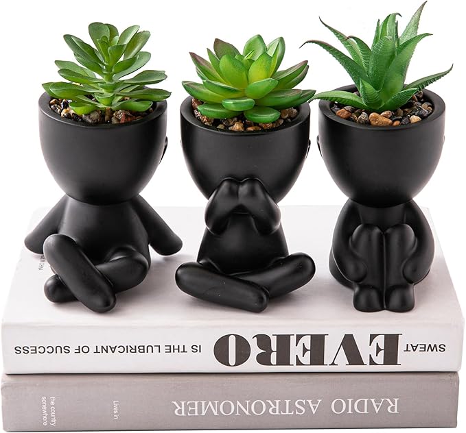 HEYO-YEPY 3PCS Cute Artificial Plant Office Decor for Women and Men, Aesthetic Desk Plant Decor for Office and Home, Potted Small Fake Plants for Indoor Decoration, Black Pots Green Plants