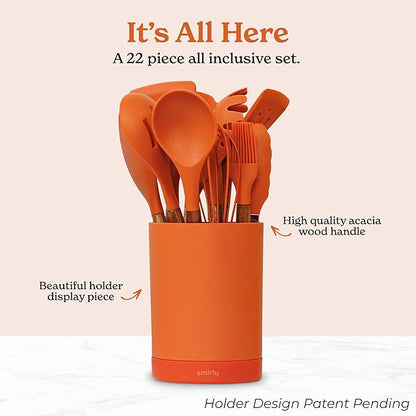 Silicone Kitchen Utensils Set & Holder: Cooking Utensils Set - Kitchen Essentials for New Home & 1st Apartment- Silicone Spatula Set, Cooking Spoons for Nonstick Cookware (Acacia Wood, Oange)