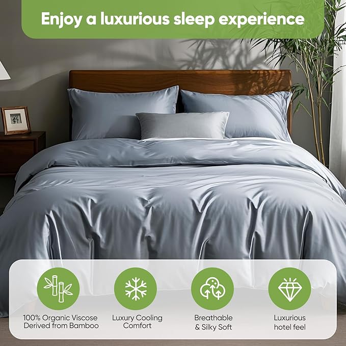 TWK Luxury Sheet Set, Genuine 100% Organic Viscose Derived from Bamboo, Cooling & Breathable, Silky Soft, Bedding Sheets & Pillowcases (Sterling Blue, Full)