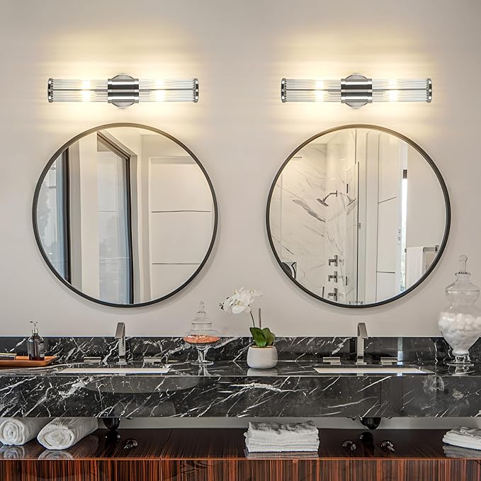 JOOSENLUX Bathroom Sconces Set of 2 Brushed Nickel Wall Sconce Light Fixtures with E12 Base and Glass Rod Design – Modern Vanity Light Fixture for Bathroom, Powder Room, Bedroom, Hallway