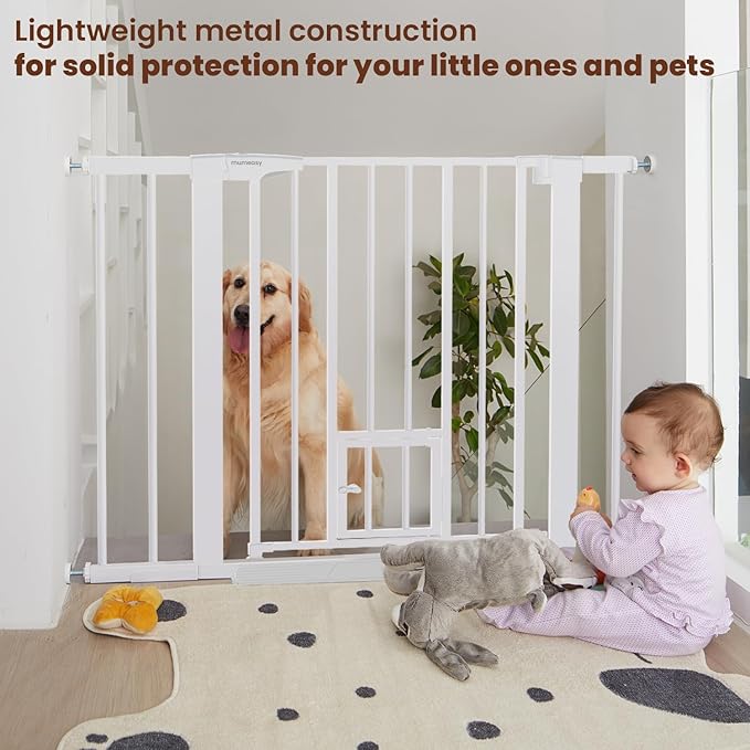 Mumeasy 36" High Extra Tall Baby Gate with Cat Door, 29.6"-40.5" Wide Pressure Mounted Dog Gate with Small Pet Door, Auto Close Pet Gate for House,Stairs,Doorways,White