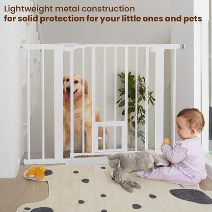 Mumeasy 36" High Extra Tall Baby Gate with Cat Door, 29.6"-40.5" Wide Pressure Mounted Dog Gate with Small Pet Door, Auto Close Pet Gate for House,Stairs,Doorways,White