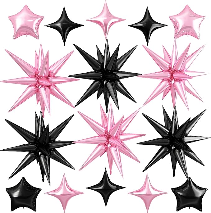 Pink Black Star Balloon,16Pcs Star Foil Balloons Set with 22Inch Explosion Spike Cone Balloons and 10Inch Quadrangle Helium Balloon for Birthday Wedding Baby Shower Party Decorations