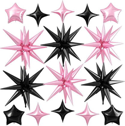 Pink Black Star Balloon,16Pcs Star Foil Balloons Set with 22Inch Explosion Spike Cone Balloons and 10Inch Quadrangle Helium Balloon for Birthday Wedding Baby Shower Party Decorations