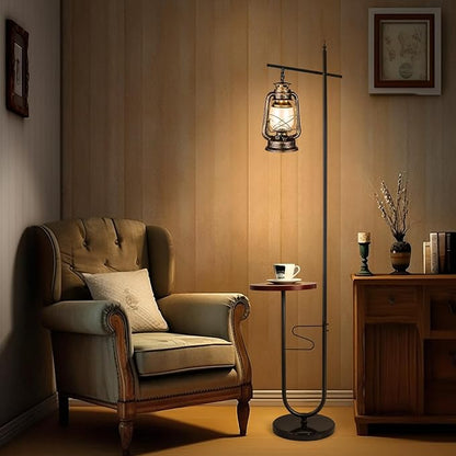 Vintage Floor Lamp with Table,Classical Lantern Standing Rustic Farmhouse Nightstand Hanging Arc Floor Lamp with Bronze Gold Finish,for Living Room,Bedroom,Reading Room(Bronze)