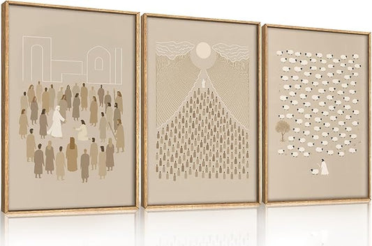 BICERE Large Jesus Christian Framed Canvas Wall Art,Boho Lost Sheep Wall Decor,Abstract Sketch Bible Verses Art Prints,Religious Scripture Beige Artwork for Living Room,Dining Room-16"x24"x3