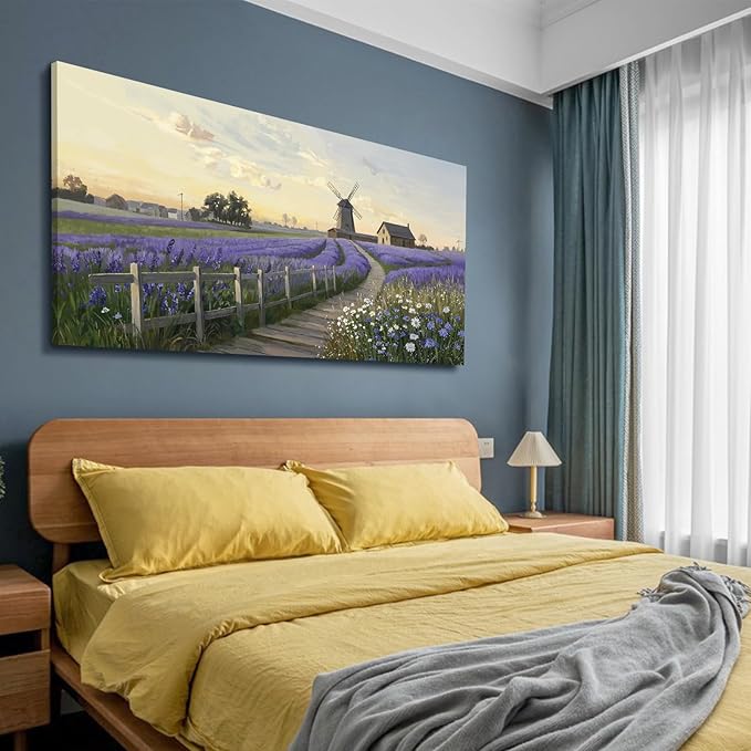 amatop Oversized Wall Picture for Living Room Farmhouse Purple Lavender Artwork Pastoral Countryside Scenery Daisy Flowers Floral Canvas Prints Panoramic Sunset Landscape Picture Bedroom 58x29 In