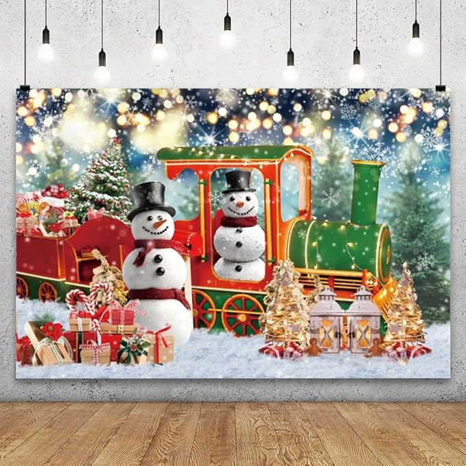 YongFoto Merry Christmas Backdrop 8x6.5ft Snow Scene Train Snowman Christmas Tree Gift Photography Background Happy New Year Xmas Eve Family Party Banner Room Decor Photoshoot Wallpaper Photo Booth