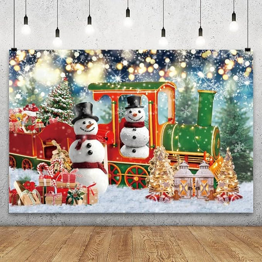 YongFoto Merry Christmas Backdrop 8x6ft Snow Scene Train Snowman Christmas Tree Gift Photography Background Happy New Year Xmas Eve Family Party Banner Room Decor Photoshoot Wallpaper Photo Booth