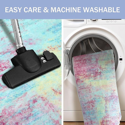 IOHOUZE Abstract Area Rugs 5x7 Ft Washable Rugs for Living Room, Non Slip Dining Room Rug, Printed Faux Wool Rugs for Bedroom, Floor Carpet for Office Nursery Playroom, Pink Teal