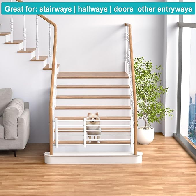 Maerd Short Dog Gates for Doorways,Dog Gate to Step Over,Retractable Puppy Gate for Stairs Indoor with Door,15.7Inch Doggy Gate,Silver and White Pet GATE (White, L)
