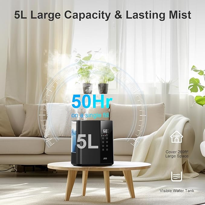 JRD Warm & Cool Mist Humidifiers for Bedroom 5L, Quiet Ultrasonic Air Humidifier Fast Symptom Relief, 50H Runtime, Oil Diffuser, 12H Timer, 7 Color Light for Large Room, Office, Baby, Plants-Black