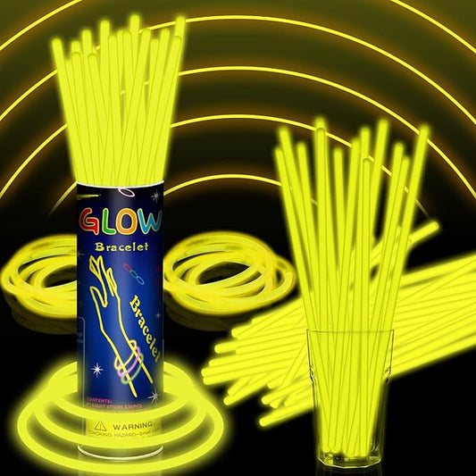 100 Pack 8” Yellow Glow Sticks Bulk with 100 Connectors Neon Glow In The Dark Party favors Supplies for Holiday Birthday Party Decoration (Yellow)