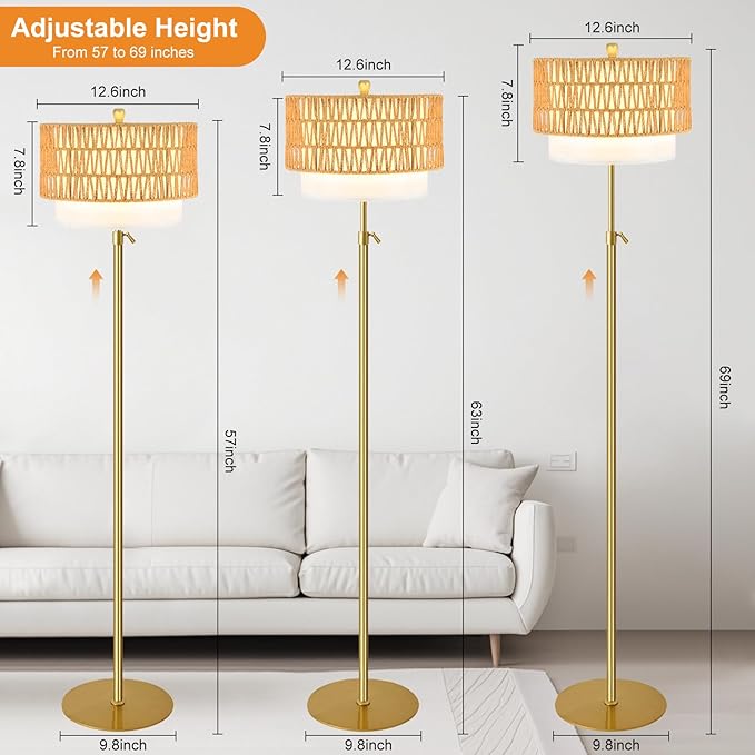 Gold Floor Lamps for Living Room Boho Floor Lamp with Rattan & Fabric Shade, Modern Adjustable Height Standing Lamp Vintage Tall Floor Lamp for Bedroom Living Room Reading Corner (Bulb Included)