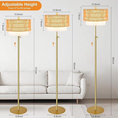 Gold Floor Lamps for Living Room Boho Floor Lamp with Rattan & Fabric Shade, Modern Adjustable Height Standing Lamp Vintage Tall Floor Lamp for Bedroom Living Room Reading Corner (Bulb Included)