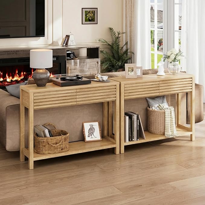 BREEZEHEAT 40" Fluted Console Table with 2 Drawers, Modern Wood 2 Tier Entryway Table with Storage Shelf, Narrow Sofa Table Behind Couch Accent Table for Entrance Foyer, Hallway, Living Room, Natural