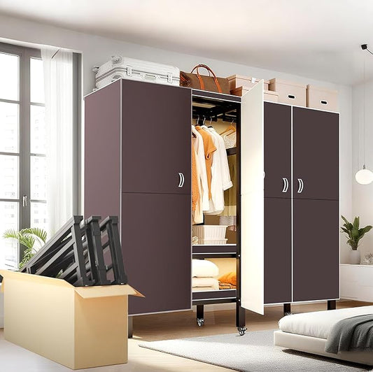 Heavy Duty Clothes Rack with Magnetic Door, Metal Foldable Covered Clothes Rack, Portable Wardrobe Closet System for Hanging Clothes, Rolling Garment Racks for Bedroom (Brown Doors, 74.8in)