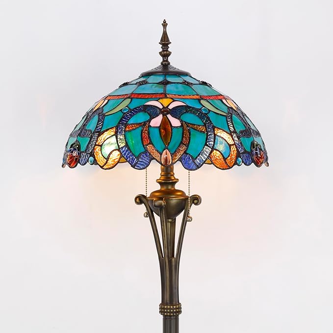 Tiffany Floor Lamp Blue Green Stained Glass Jewelry Baroque Standing Reading Light 16X16X70 Inches Antique Pole Corner Lamp Decor Bedroom Office Living Room