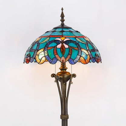 Tiffany Floor Lamp Blue Green Stained Glass Jewelry Baroque Standing Reading Light 16X16X70 Inches Antique Pole Corner Lamp Decor Bedroom Office Living Room