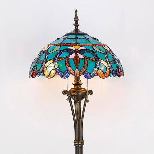 Tiffany Floor Lamp Blue Green Stained Glass Jewelry Baroque Standing Reading Light 16X16X70 Inches Antique Pole Corner Lamp Decor Bedroom Office Living Room
