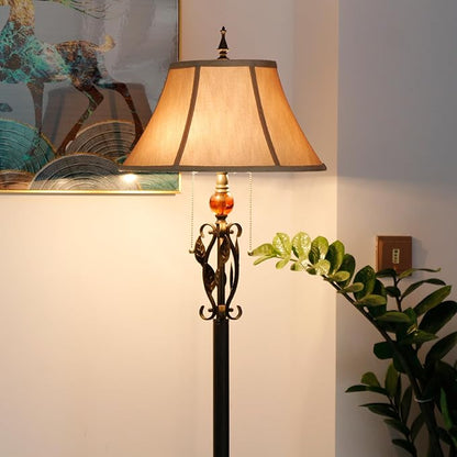 Farmhouse Mid-Century Yellow Fabric Floor Lamp with Metal Leaf Resin Base 70 Inch Height Decor for Office Bedroom Living Room