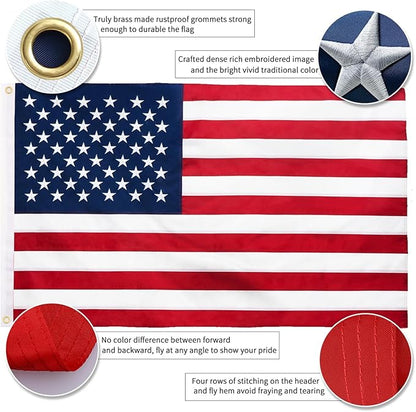 American Flag 3x5 FT with Pole Kit, 6FT Tangle Free Black Flagpole, Heavy Duty Spun Polyester US Flag with Embroidered Stars, Sewn Stripes, Brass Grommets, and Mounting Bracket for Outside House