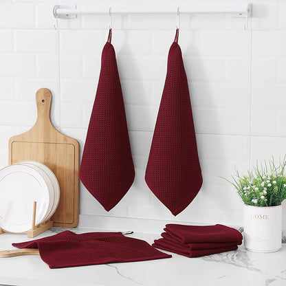 Kitinjoy 100% Cotton Kitchen Dish Cloths, 12 Pack Waffle Weave Ultra Soft Absorbent Dish Towels for Drying Dishes Quick Drying Kitchen Towels Dish Rags, 12 X 12 Inches, Burgundy