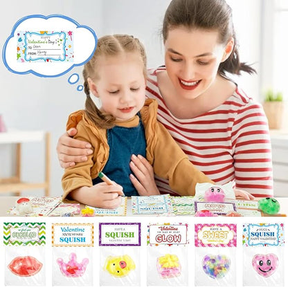 28 Pack Valentines Day Gifts for Kids, Valentines Squishy Stress Balls with Valentine Cards Classroom Prizes Exchange Gifts Prizes Valentines Day Gifts for Kids Boy Girl Valentine Party Favors