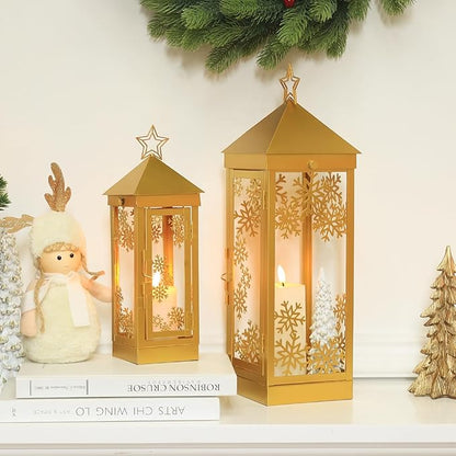 NEEDOMO Christmas Decorations Outdoor&Indoor, 17''/12'' Metal Candle Lantern Decor,Christmas Lanterns with Snowflakes Stars and LED Candle for Home Porch Patio Table Centerpieces, Xmas,No Glass