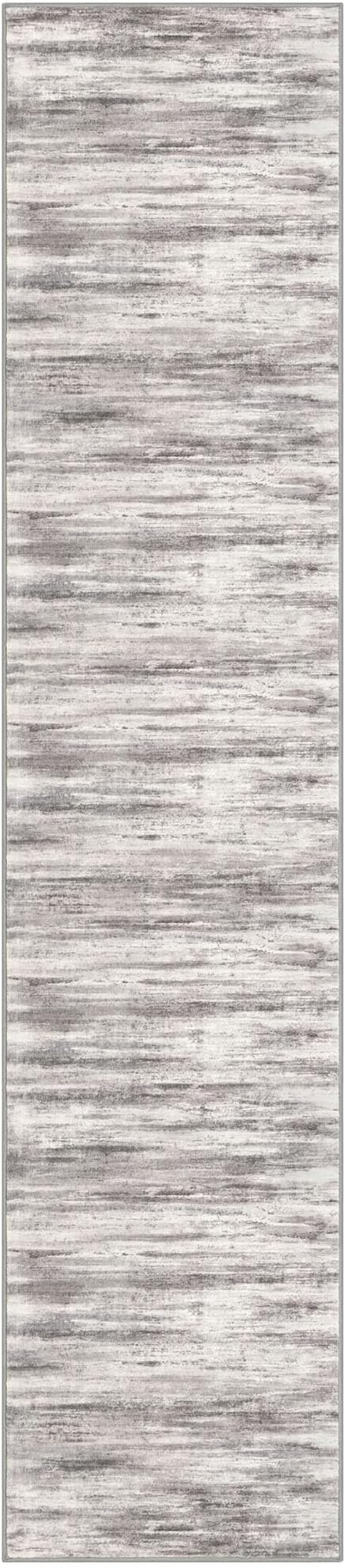 KOZYFLY Modern Abstract Washable Rug Runner 2.6x12 Hallway Rug Runner Non-Slip Soft Kitchen Runner Rugs, Grey-Beige Striped Carpet for Entryway Bathroom Laundry Room Foyer