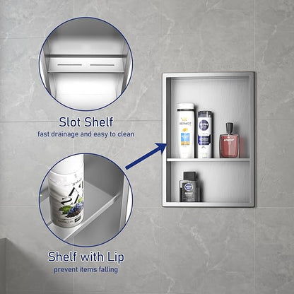 Stainless Steel Shower Niche 18" X 12" Brushed No Tile Needed Wall Niche Double Shelves Recessed Shower Shelf for Bathroom Storage Over Mount Installation