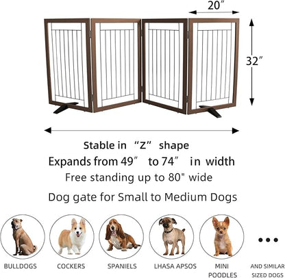 ZJSF Freestanding Dog Gate Indoor, Foldable Dog Fence for Doorways,Hallways or Stairs, Sturdy Wood Extra Wide Pet Gate with Support Feet,Brown,32 "Height-4 Panels