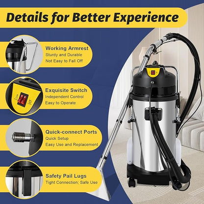 Carpet Cleaner Machine, 3 in 1 Portable Wet Dry Sofa Curtain Fabric Dust Cleaner,40L Commercial Floor Cleaning Machines with Long Flat/Dry/Water Vacuum Head and Round Brush