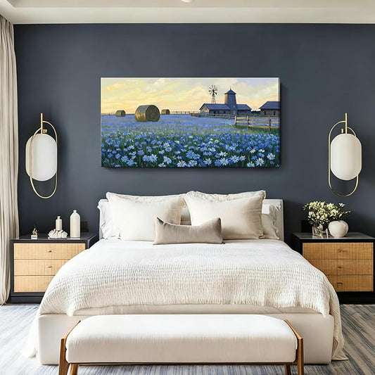 ARTZON Extra Large Wall Art Bedroom Living Room Oversized Farmhouse Sunset Art Work Rustic Country Blue Flower Meadow Landscape Canvas Print Artwork Windmill Picture for Kitchen Office Hallway 58"x29"