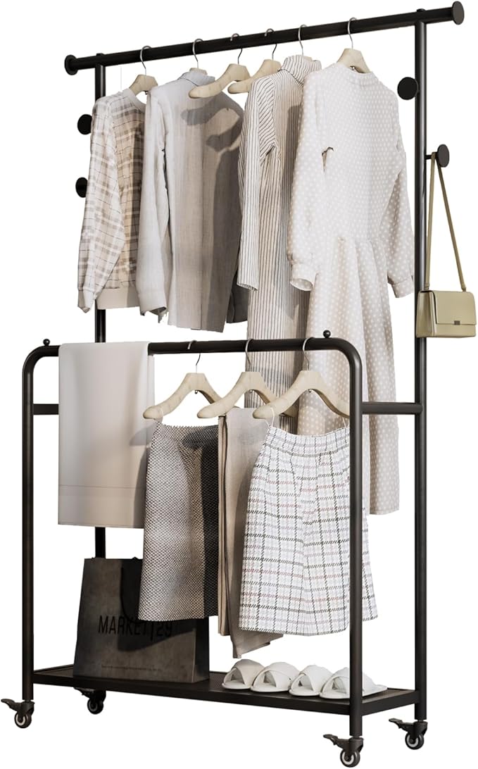 Sturdy Metal Double Rods Clothes Rack With Wheels, Rolling Clothing Rack With Shelves & Hooks, Heavy Duty Garment Racks for Hanging Clothes, Multi-Functional Closet Rack for Bedroom
