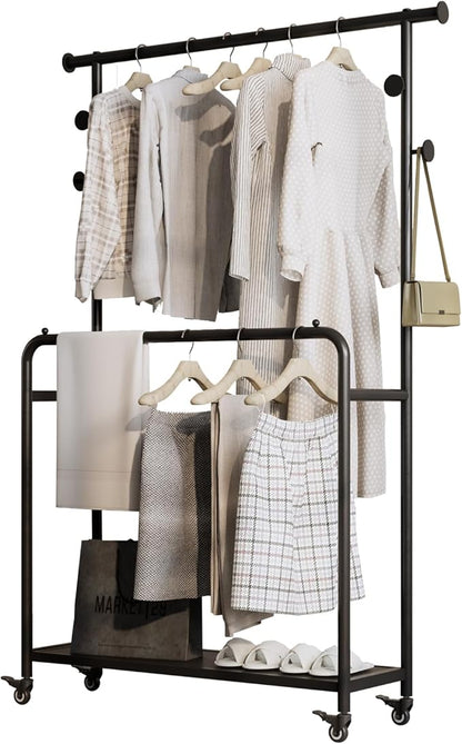 Sturdy Metal Double Rods Clothes Rack With Wheels, Rolling Clothing Rack With Shelves & Hooks, Heavy Duty Garment Racks for Hanging Clothes, Multi-Functional Closet Rack for Bedroom
