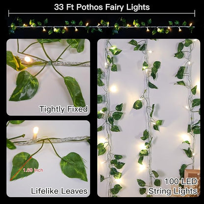suddus Vine with Fairy Light Plug in, 33ft 100 LED Pothos String Lights Connectable with Remote, Leaf Lights for Bedroom, Room, Wall, Garden, Party, Wedding Decor (Warm White)