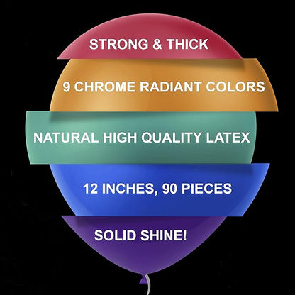 90 Metallic Balloons Assorted Color 12 inch 9 Kinds of Shiny Latex for Glamour Party Decorations and Many Other Occasions